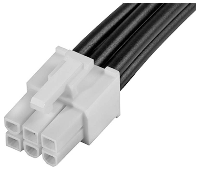 Un connecteur blanc à quatre pôles avec des câbles noirs, utilisé pour l'alimentation électrique des composants informatiques.