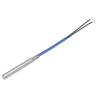 Un capteur métallique cylindrique avec un câble bleu et deux fils dénudés. Convient pour la surveillance de température dans des applications techniques.