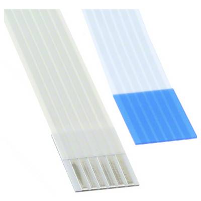 Câbles plats flexibles (FFC) à 6 broches, présentant des sections de couleur grise et bleue, utilisés pour les connexions électriques et le transfert de données.