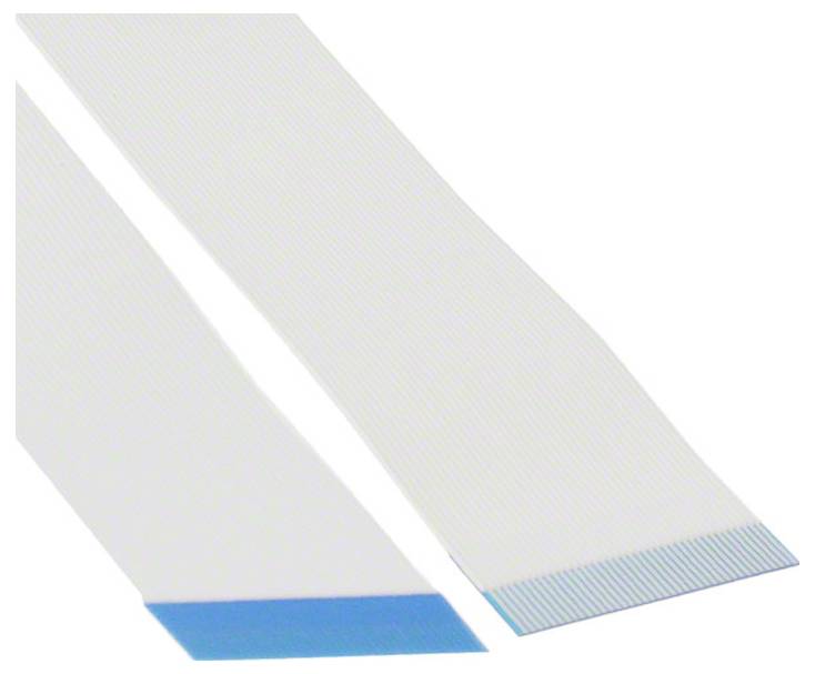 Deux câbles plats et blancs en ruban, placés côte à côte, l'un avec un connecteur bleu et l'autre simple, utilisés pour les connexions électroniques.