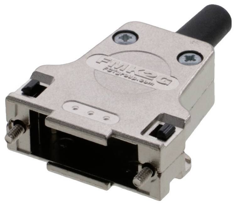 Connecteur industriel avec boîtier métallique, sans câbles connectés. Deux vis de fixation, adapté pour une connectivité robuste.