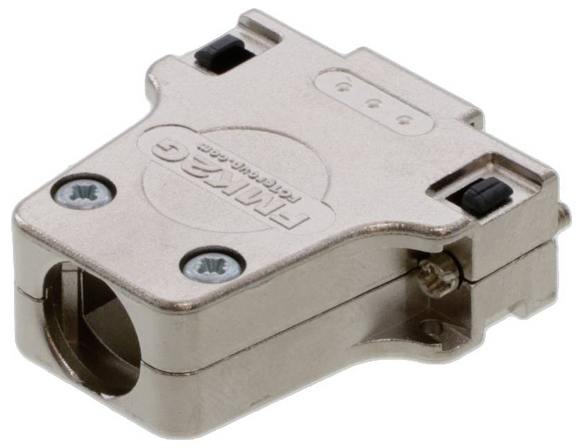 Un boîtier de connecteur argenté, de forme sphérique avec deux vis sur le dessus et des boutons-poussoirs sur les côtés.