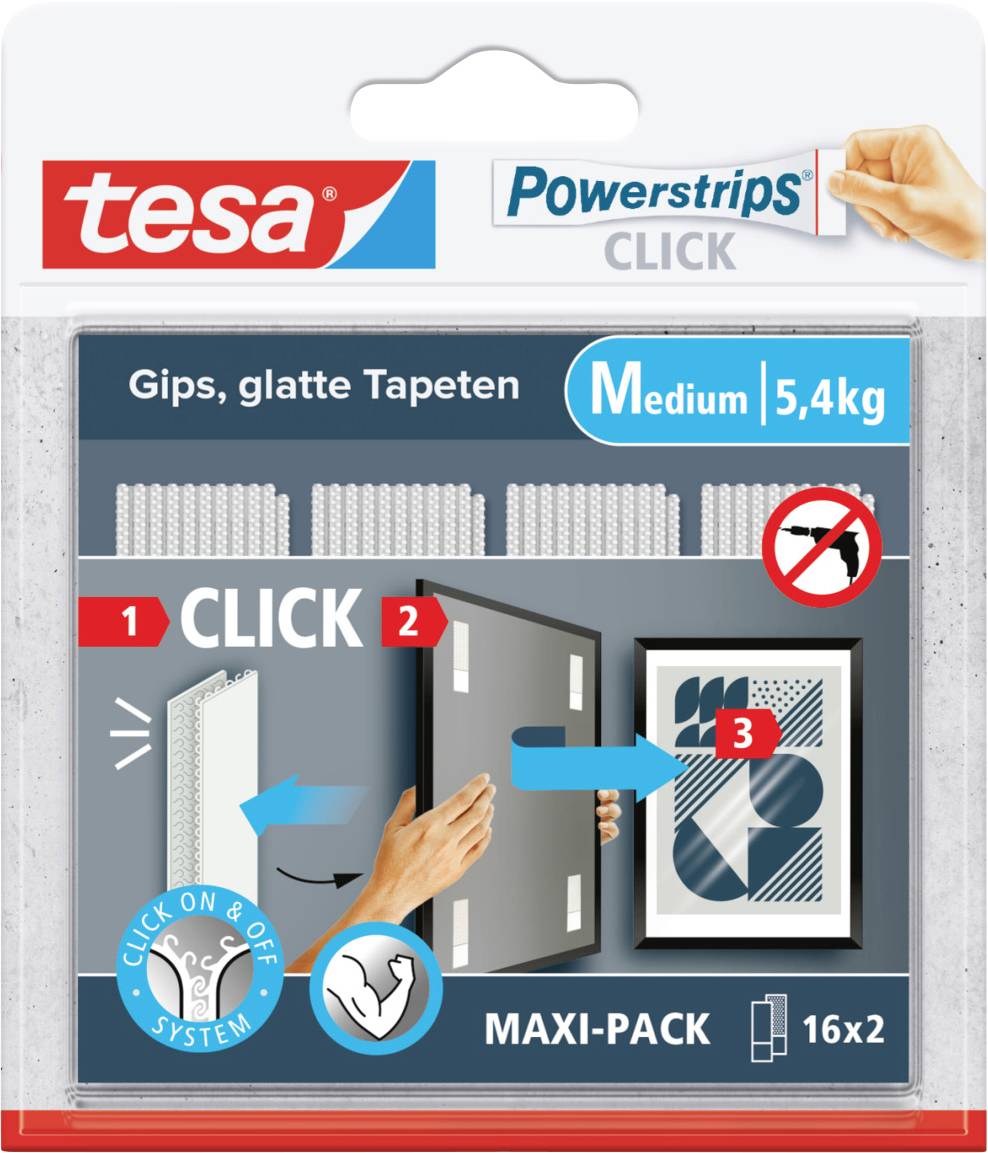Emballage des tesa Powerstrips Click pour plâtre et papiers peints lisses. Contient un maxi-pack avec mécanisme à clic, adapté pour 5,4 kg.