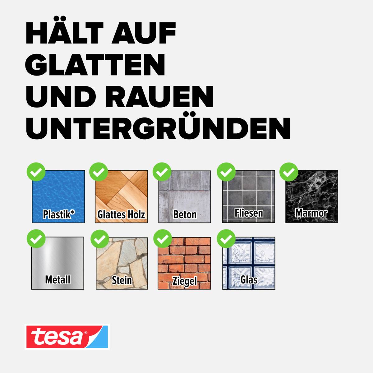 L'image montre le texte : 'Adhère sur surfaces lisses et rugueuses', à côté de matériaux avec des coches vertes : Plastique, Bois, Béton, Carrelage, Marbre, Métal, Pierre, Brique, Verre.