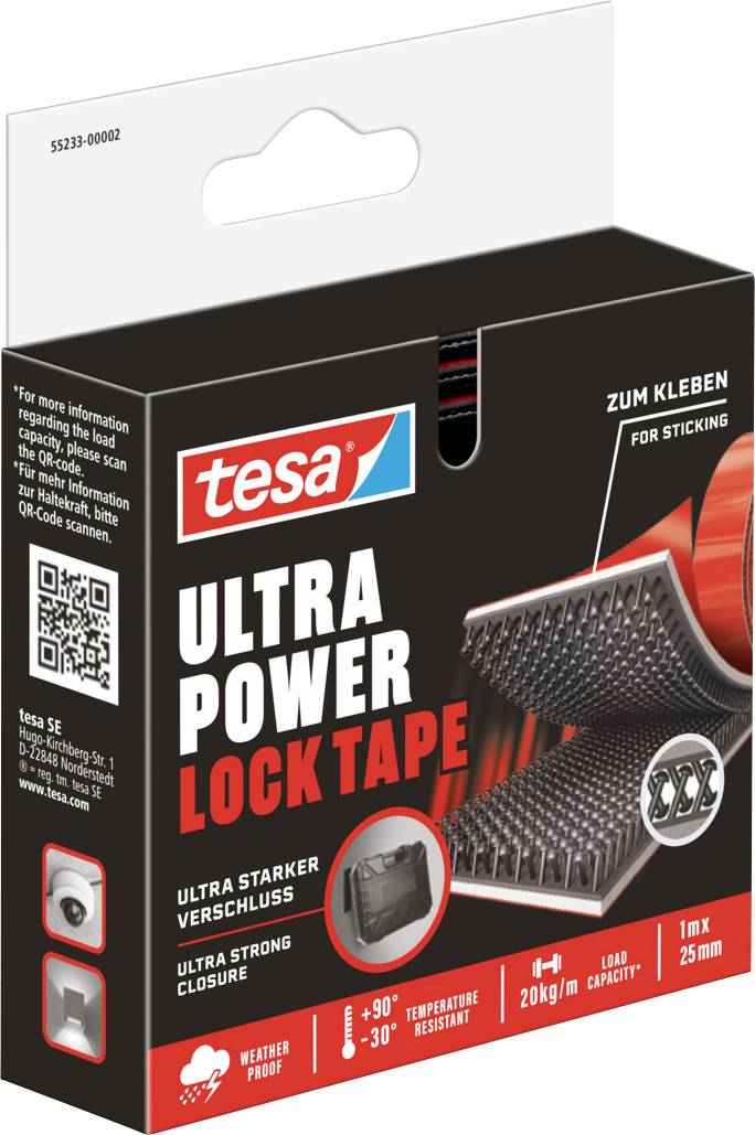 'Emballage du ruban adhésif Tesa Ultra Power Lock, 1 m x 25 mm, ruban très adhésif pour charges élevées, imperméable, températures de -10 à +90°C.'