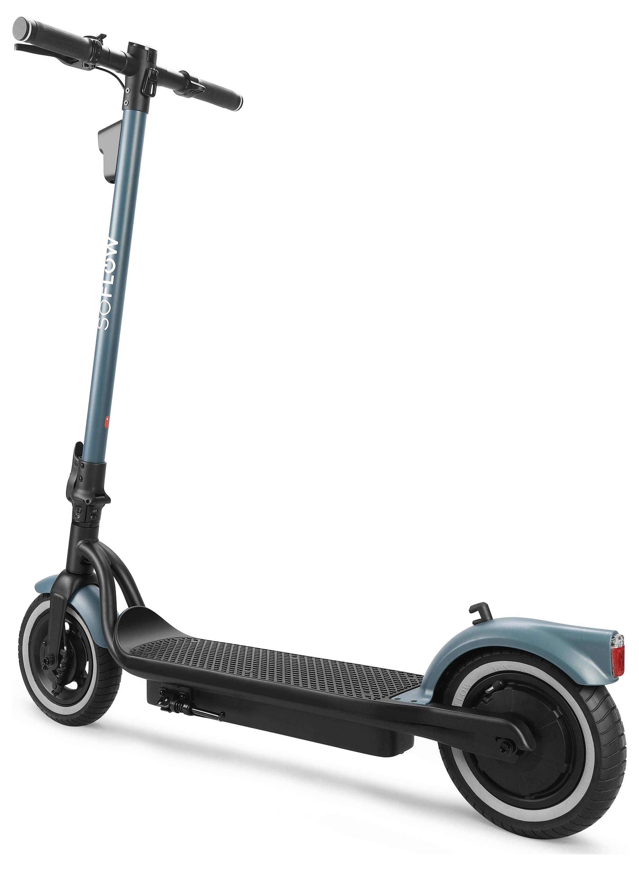 Scooter électrique de couleur bleue avec un guidon noir et des roues bordées de blanc, vue de côté.