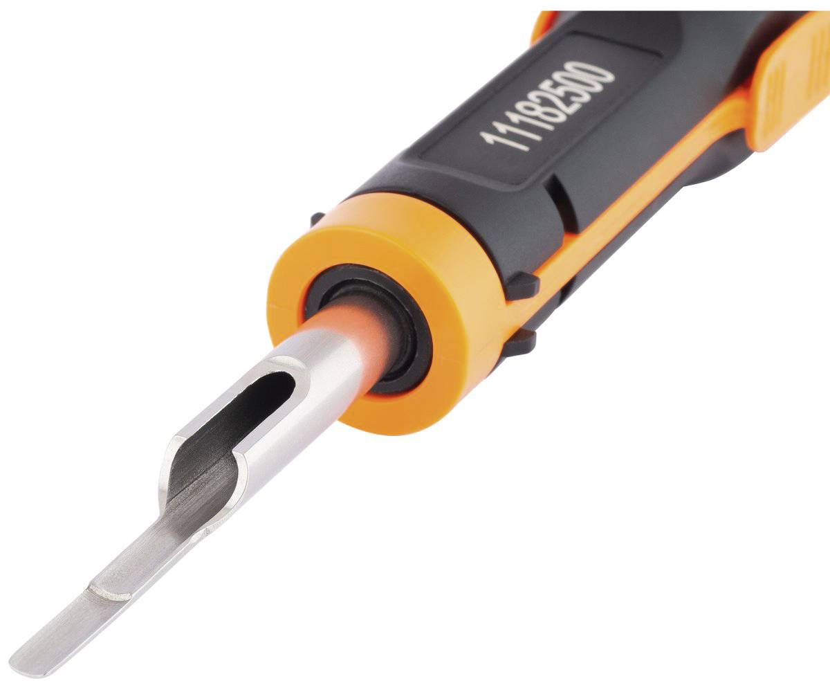 Un fer à souder orange et noir avec un embout métallique, numéro de modèle '11182500', montre l'embout en gros plan.