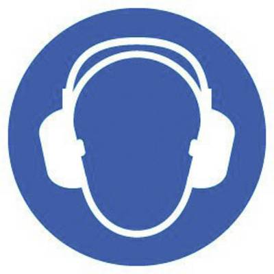 Symbole d'un casque audio, blanc sur fond bleu. Signalisation d'une zone de protection contre le bruit ou de protection auditive.