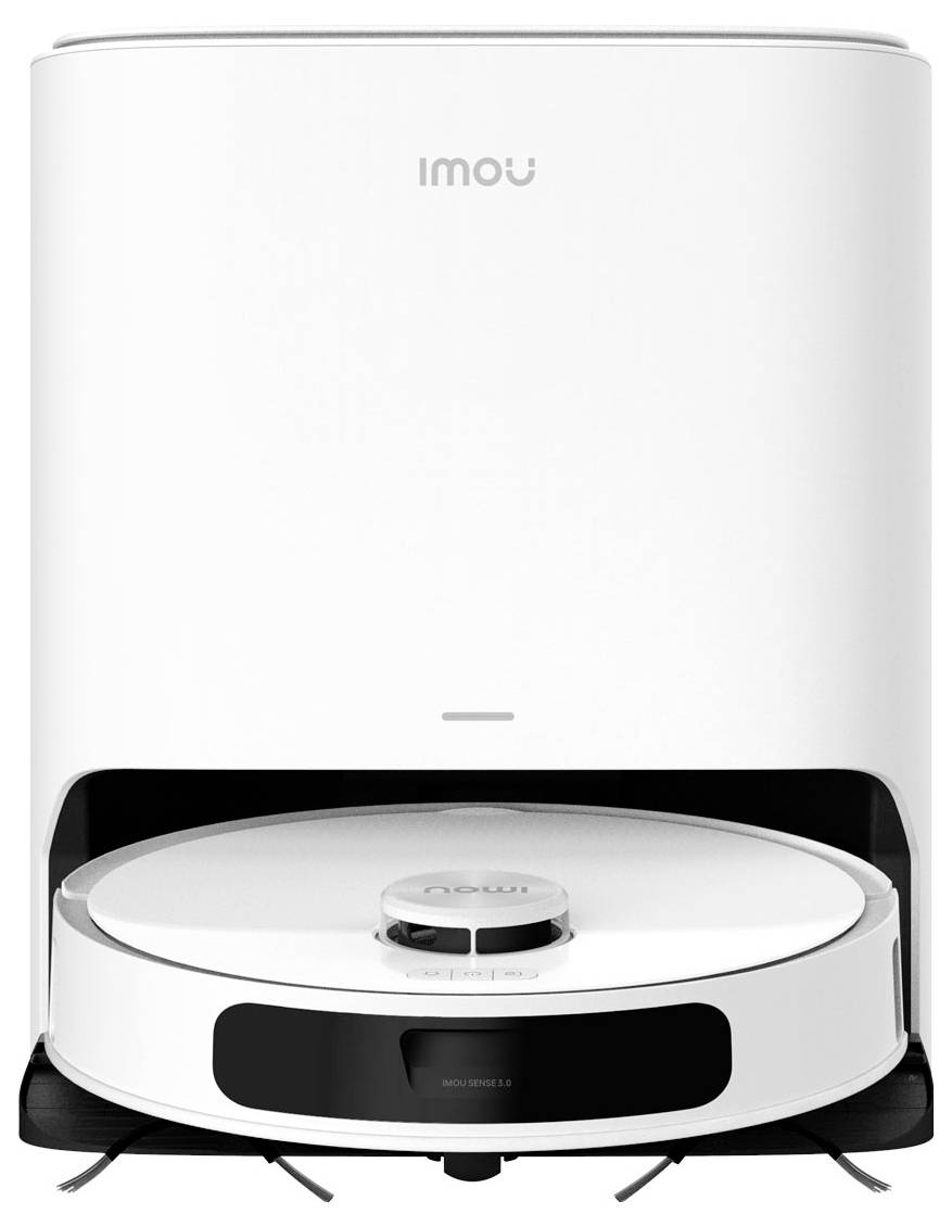 Un robot aspirateur blanc automatique de la marque "imou". Il est placé devant sa station de charge et présente une forme circulaire avec des capteurs à l'avant.