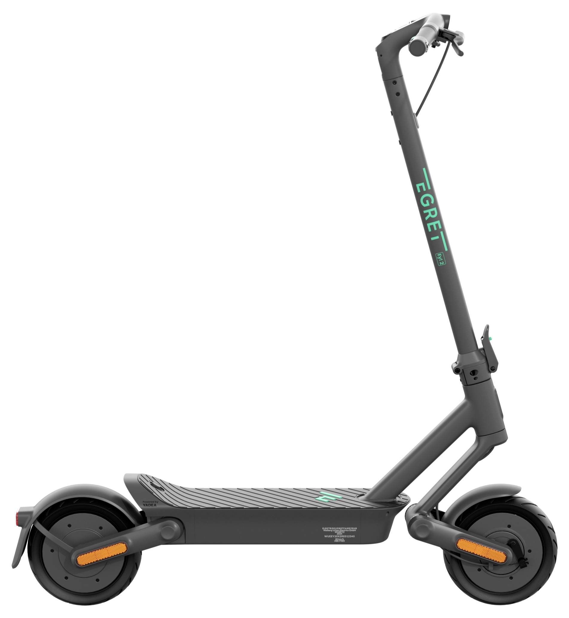 Trottinette électrique 'Egret' en vue latérale avec cadre noir, larges pneus et planche. Adapté à la mobilité urbaine.