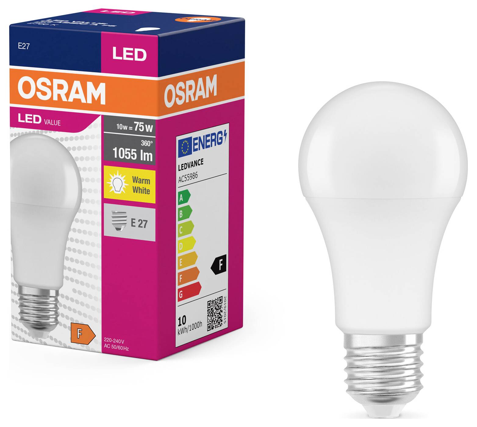 Ampoule et emballage Osram, LED, 10W, 1055 lumens, culot E27, classe énergétique F. Emballage avec indication de lumière blanc chaud.