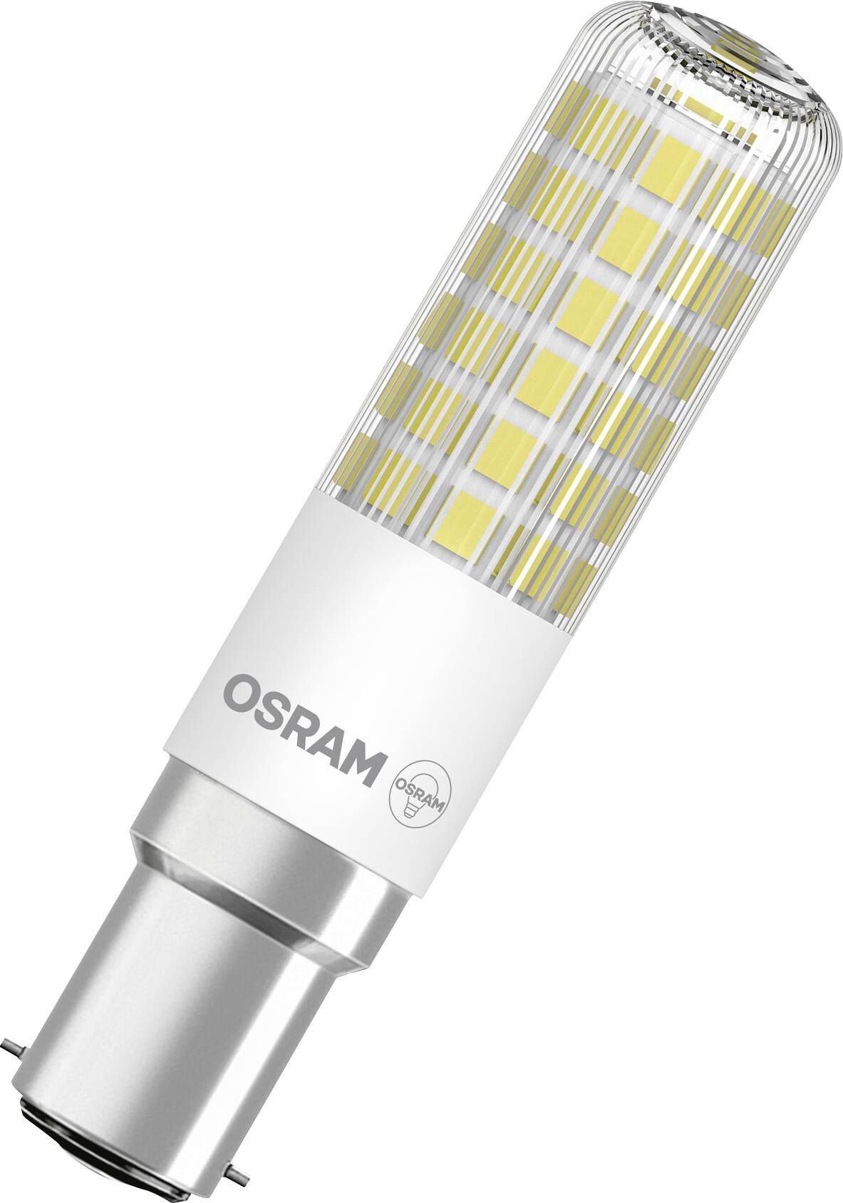 Une lampe LED de la marque Osram à forme cylindrique et socle métallique, adaptée pour un éclairage économe en énergie.
