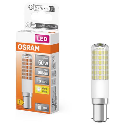 Emballage d'une ampoule LED Osram de 6,5 W, remplaçant 60 W, 806 lumens, angle de diffusion de 360°, blanc chaud, durée de vie de 15 ans.