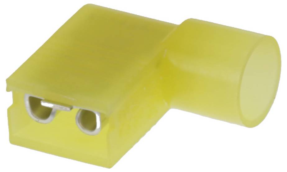 Embout de connecteur de câble isolé jaune, de forme rectangulaire avec une connexion cylindrique, en plastique.