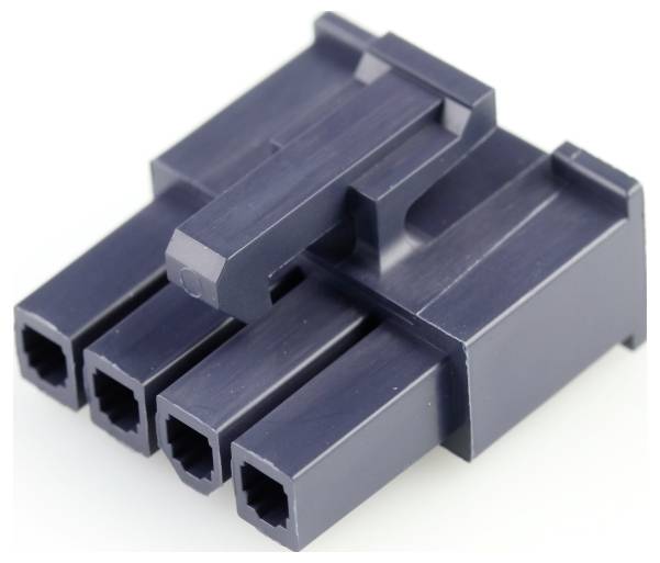 Connecteur en plastique noir avec quatre bornes rectangulaires, adapté aux connexions électriques dans les appareils électroniques.