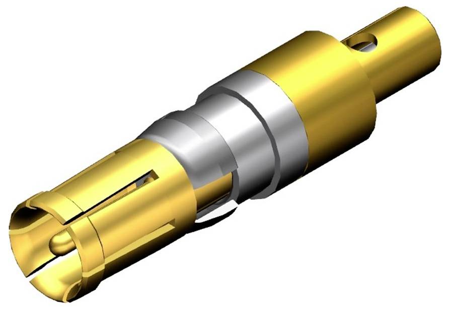 Un connecteur métallique de forme cylindrique avec un boîtier jaune et argenté. Adapté pour la connexion de câbles.