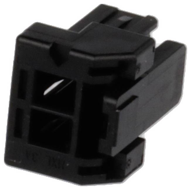Connecteur en plastique noir avec deux prises carrées, vue de côté. Utilisé dans les connexions électroniques.