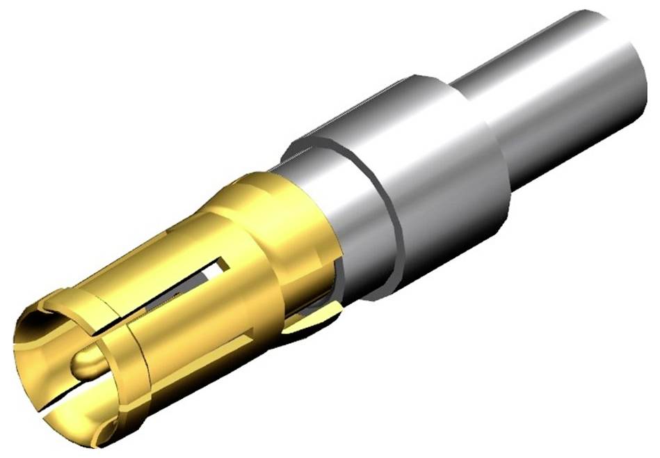 Un manche métallique avec une pointe dorée et un corps argenté, probablement un contact électrique enfichable pour des connexions.