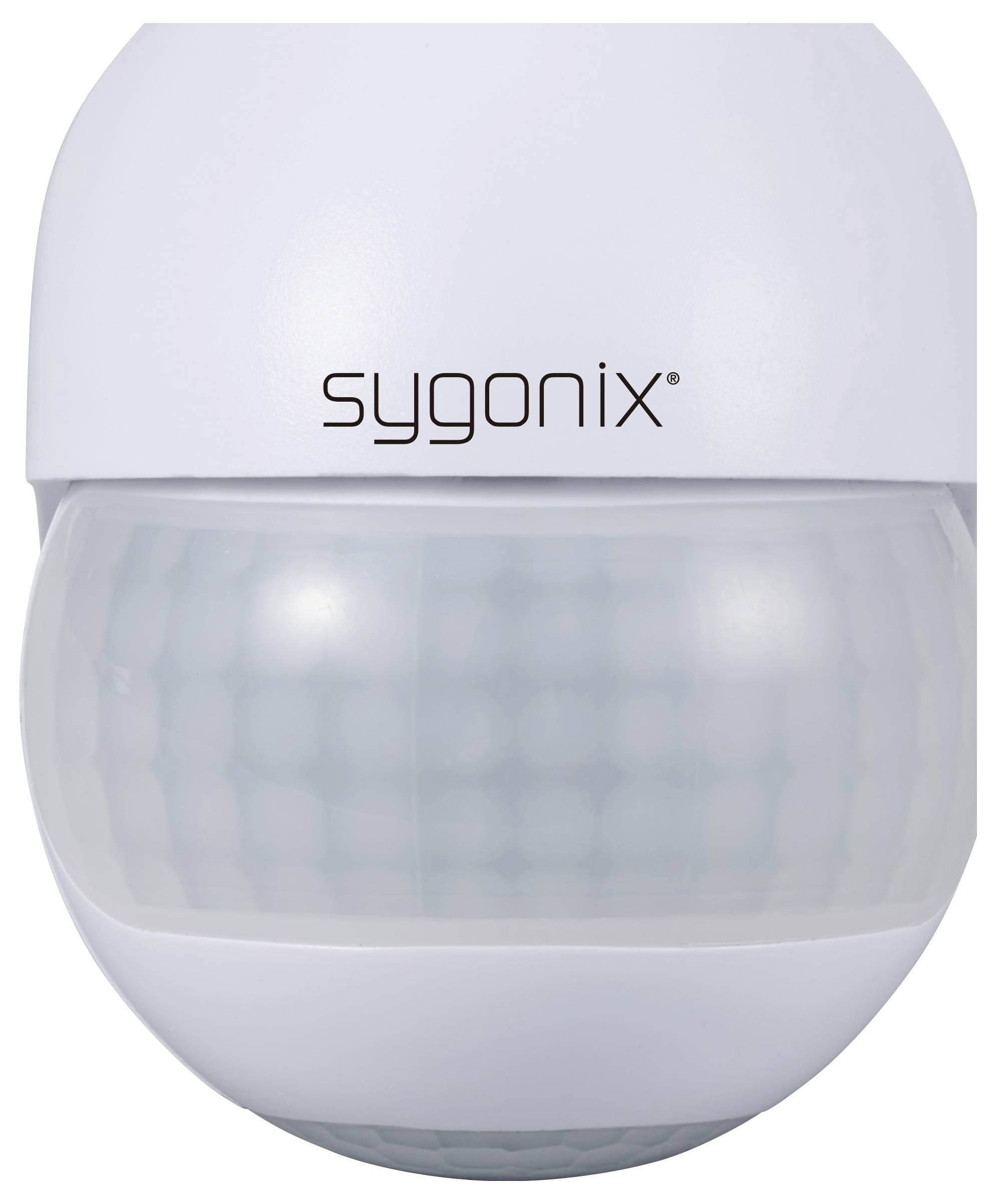 Un détecteur de mouvement blanc de la marque Sygonix au design arrondi.