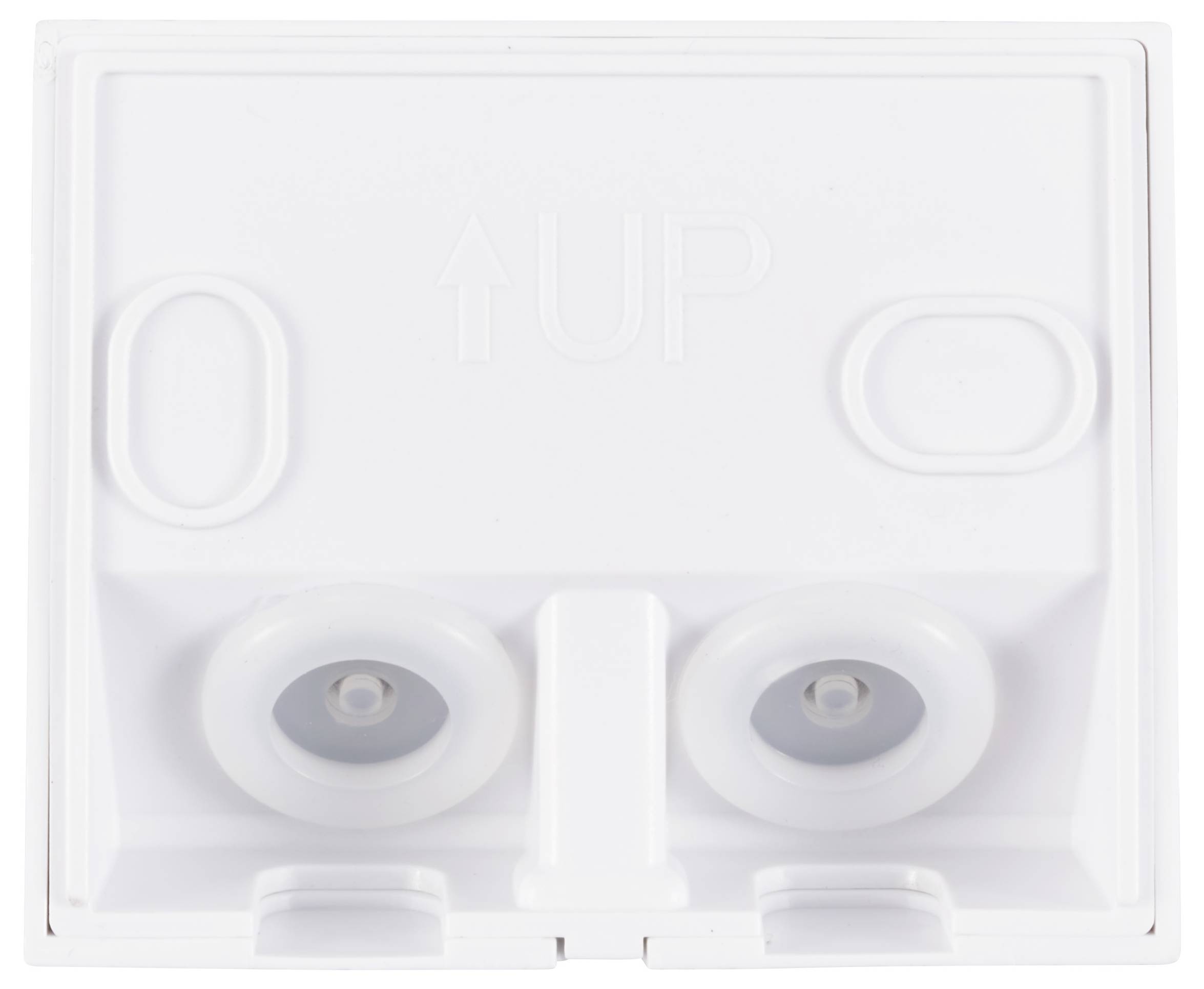 Un raccord en plastique blanc avec deux ouvertures rondes sur sa face inférieure. Le mot 'UP' avec une flèche pointant vers le haut est inscrit sur la partie supérieure.