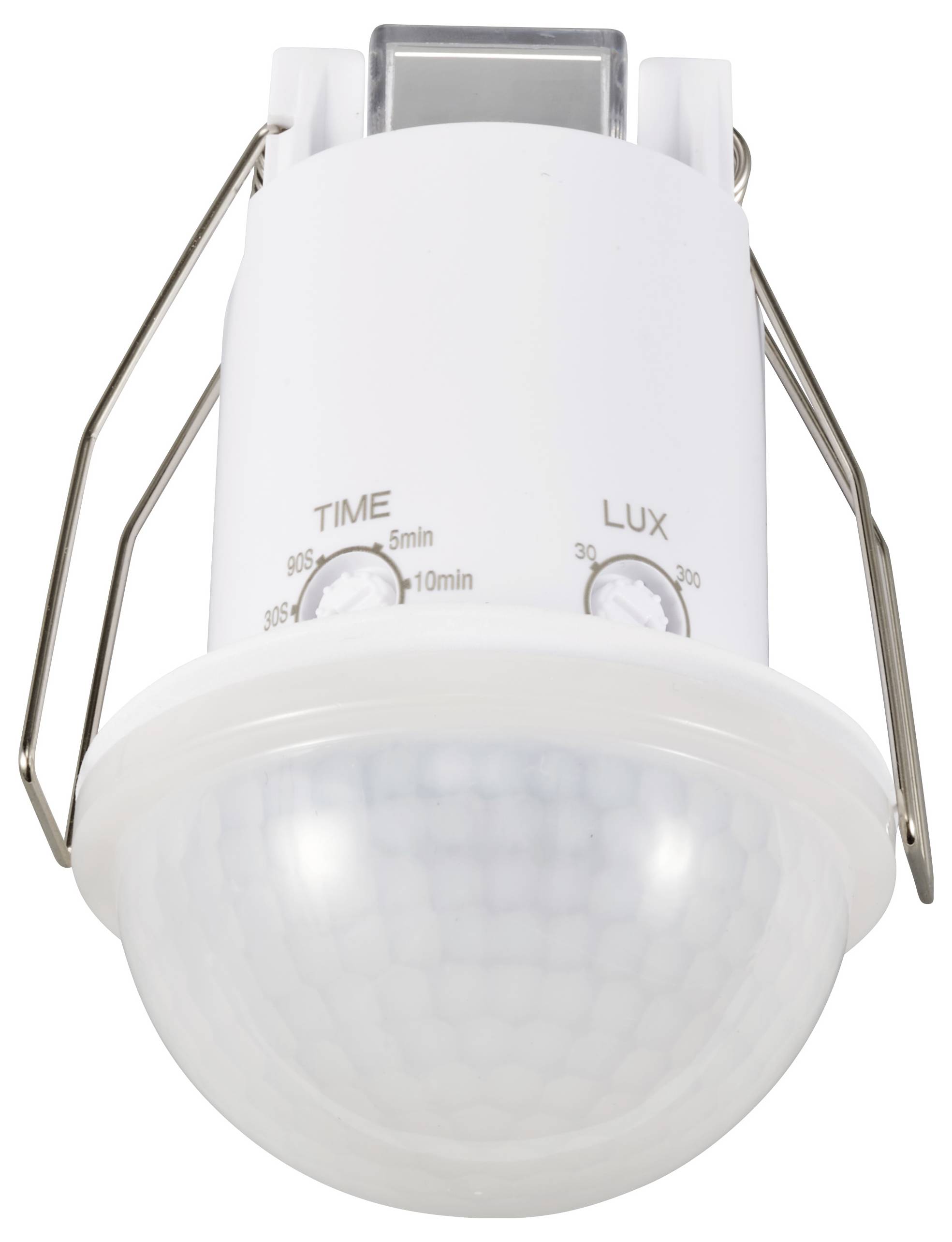 Détecteur de mouvement dans un boîtier blanc avec deux molettes de réglage pour 'TIME' et 'LUX' sur le dessus de l'appareil.