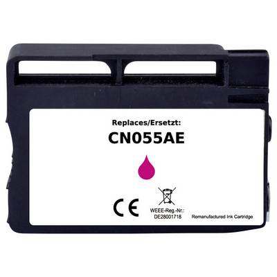 Cartouche d'encre étiquetée 'Remplace/Remplacée : CN055AE' avec un symbole de goutte rose. Comprend le symbole de recyclage et le numéro d'enregistrement DEEE.