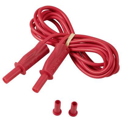 Un câble de test rouge avec deux pointes de test et des capuchons amovibles, utilisé pour des mesures électroniques.