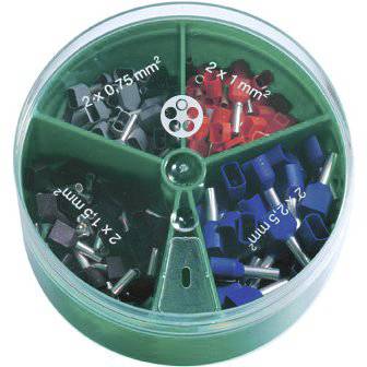 Boîte ronde à quatre compartiments, remplie de embouts de câble de différentes couleurs et tailles : 0,75 mm², 1 mm², 1,5 mm², 2,5 mm².