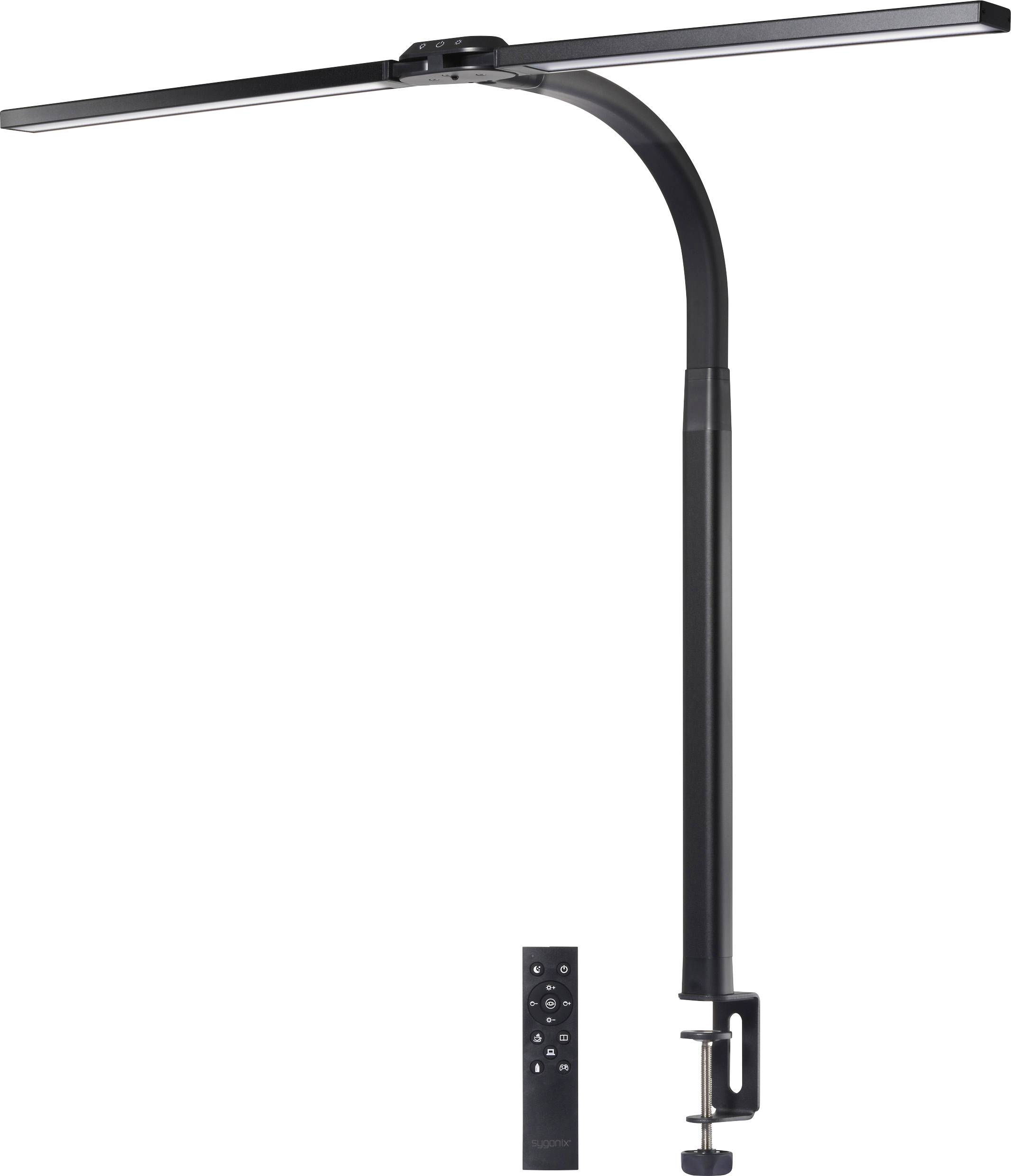 Lampe de bureau LED noire avec col flexible et abat-jour rectangulaire. Comprend une télécommande pour les réglages.