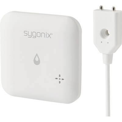 Un détecteur d'eau blanc avec le logo 'sygonix' et un symbole de goutte d'eau ; à côté à droite, un câble avec un capteur.