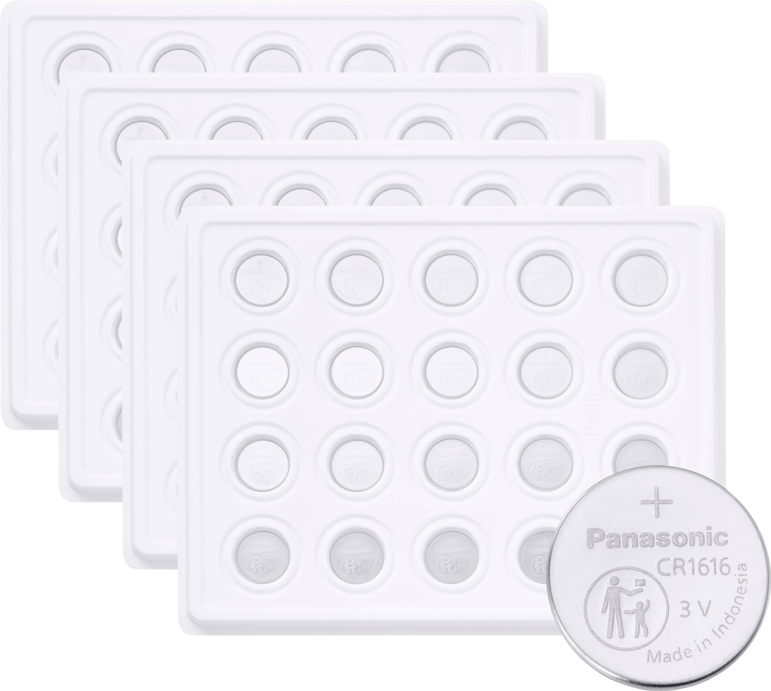 Quatre plaquettes thermoformées contiennent chacune 20 piles au lithium Panasonic CR1616. Chaque pile est évaluée à 3V et fabriquée en Indonésie.