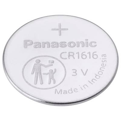 « Une pile bouton lithium Panasonic CR1616, 3V, fabriquée en Indonésie. L'image montre un symbole d'avertissement représentant une personne et un enfant. »
