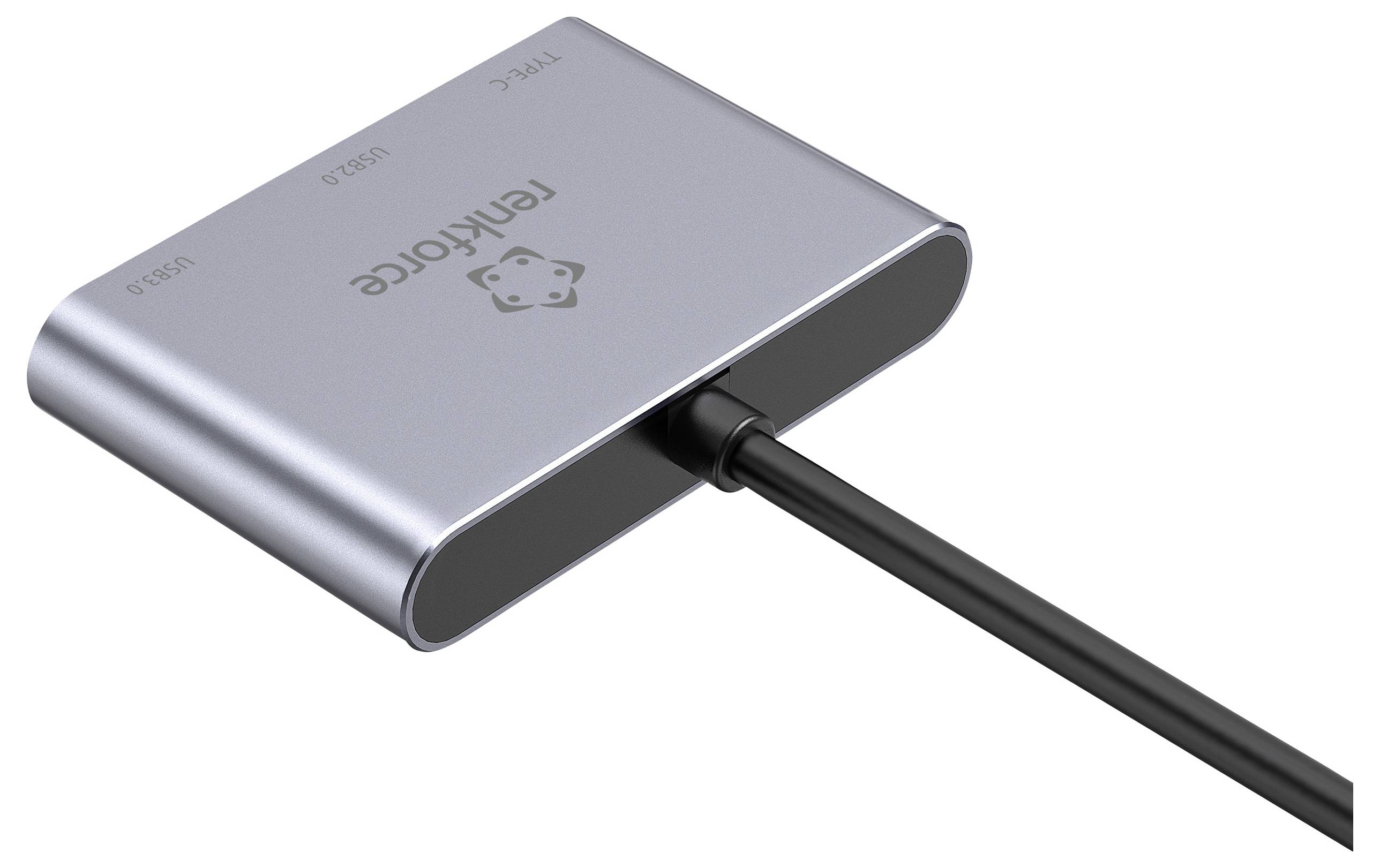 Un adaptateur USB-C multiports argenté de la marque Renkforce, connecté à un câble noir.