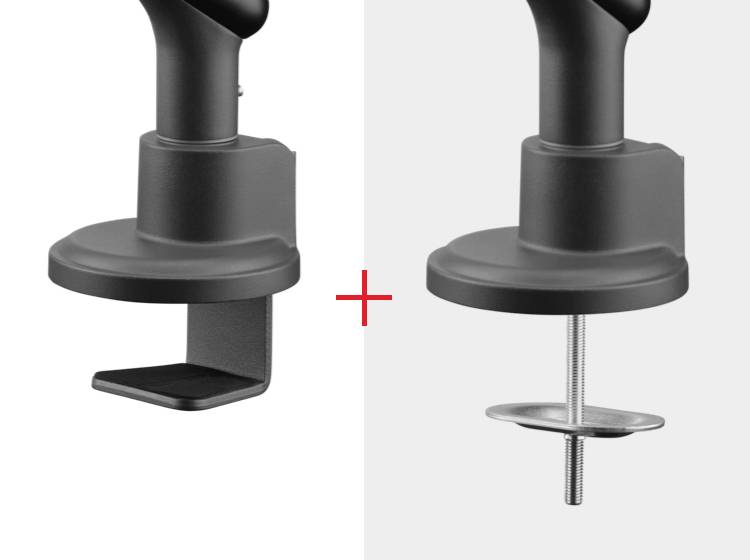 'Deux méthodes de fixation pour bras de moniteur : l'une avec pince de serrage et l'autre avec fixation par vis pour un montage sur bureau.'