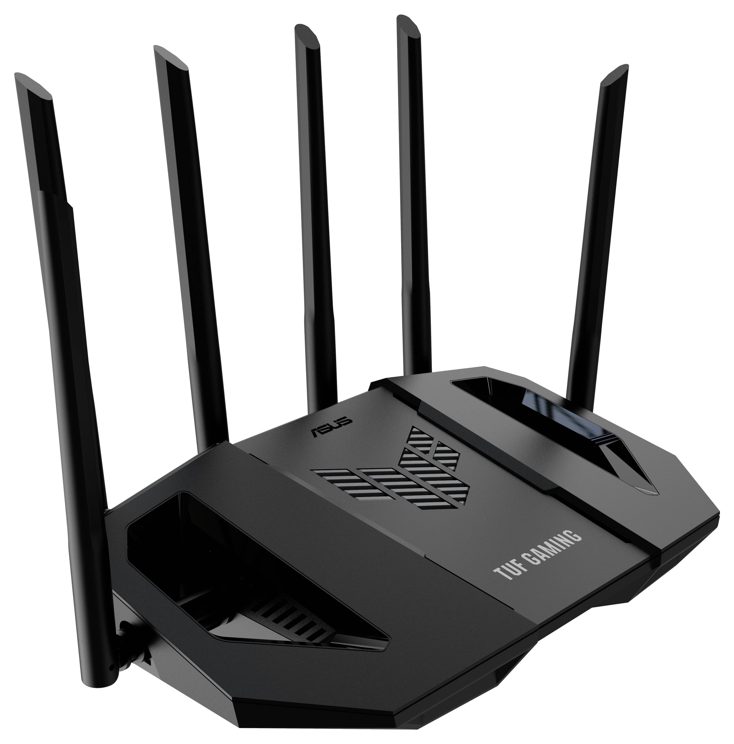 Routeur Wi-Fi avec cinq antennes et l'inscription 'TUF Gaming' sur le dessus, adapté aux jeux vidéo et aux connexions à haute vitesse.