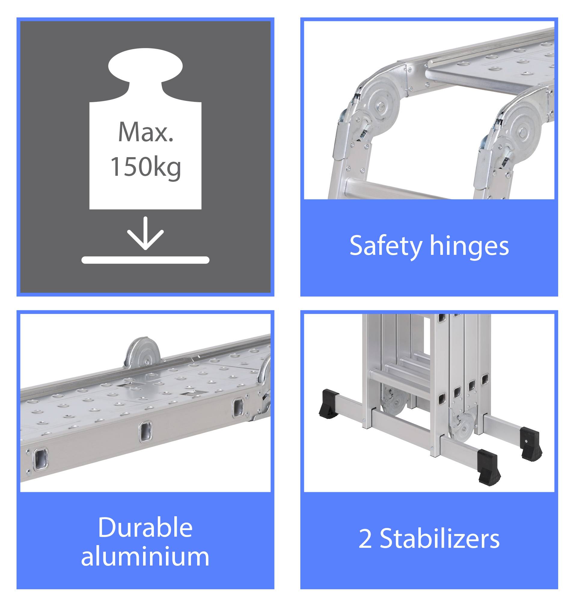 Quatre symboles : Poids maximal 150 kg, charnières de sécurité, aluminium robuste et deux stabilisateurs.