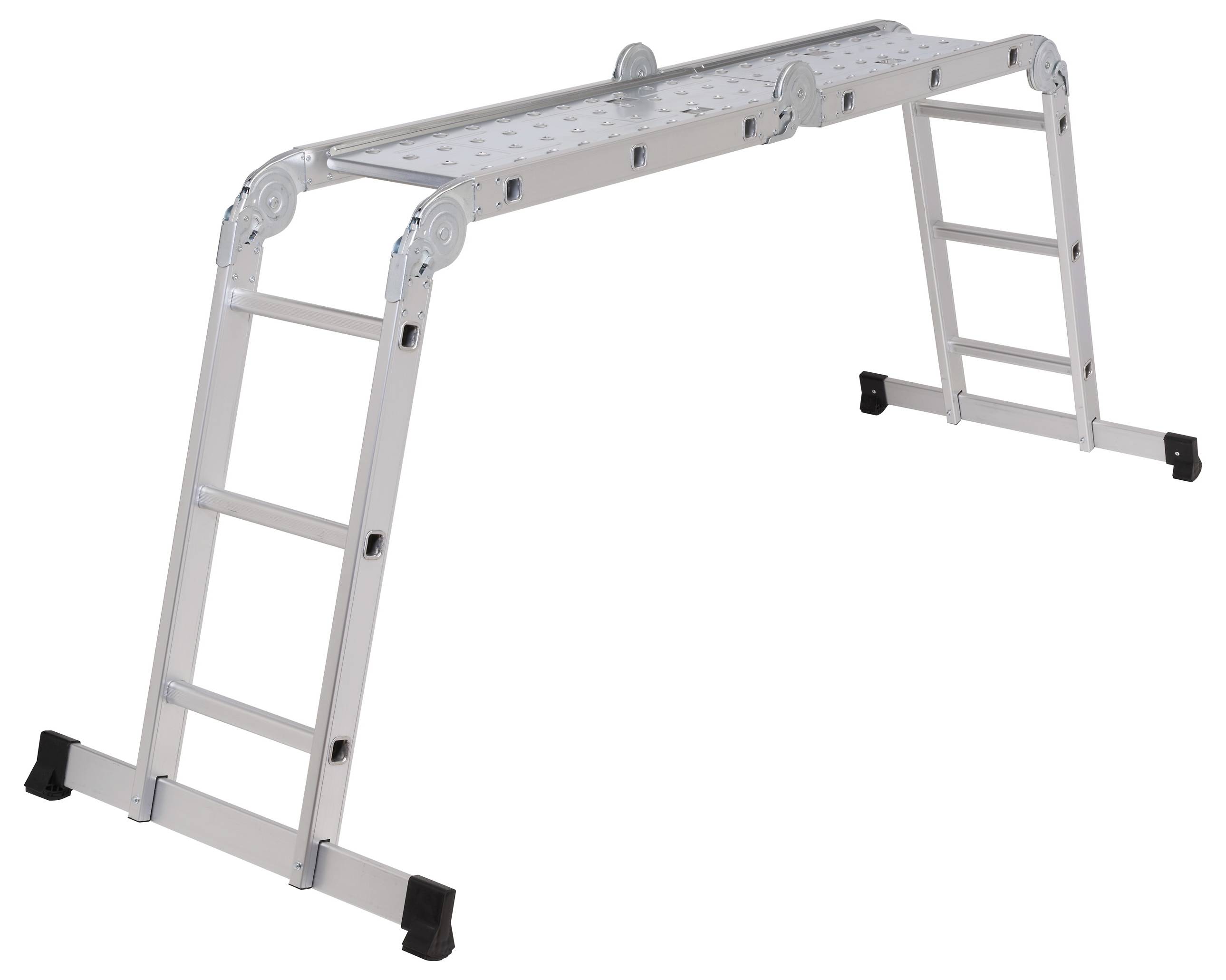 Une échelle en aluminium réglable, configurée comme plate-forme de travail. Adaptée aux travaux de peinture ou de réparation.