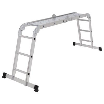 Une échelle en aluminium réglable, configurée comme plate-forme de travail. Adaptée aux travaux de peinture ou de réparation.