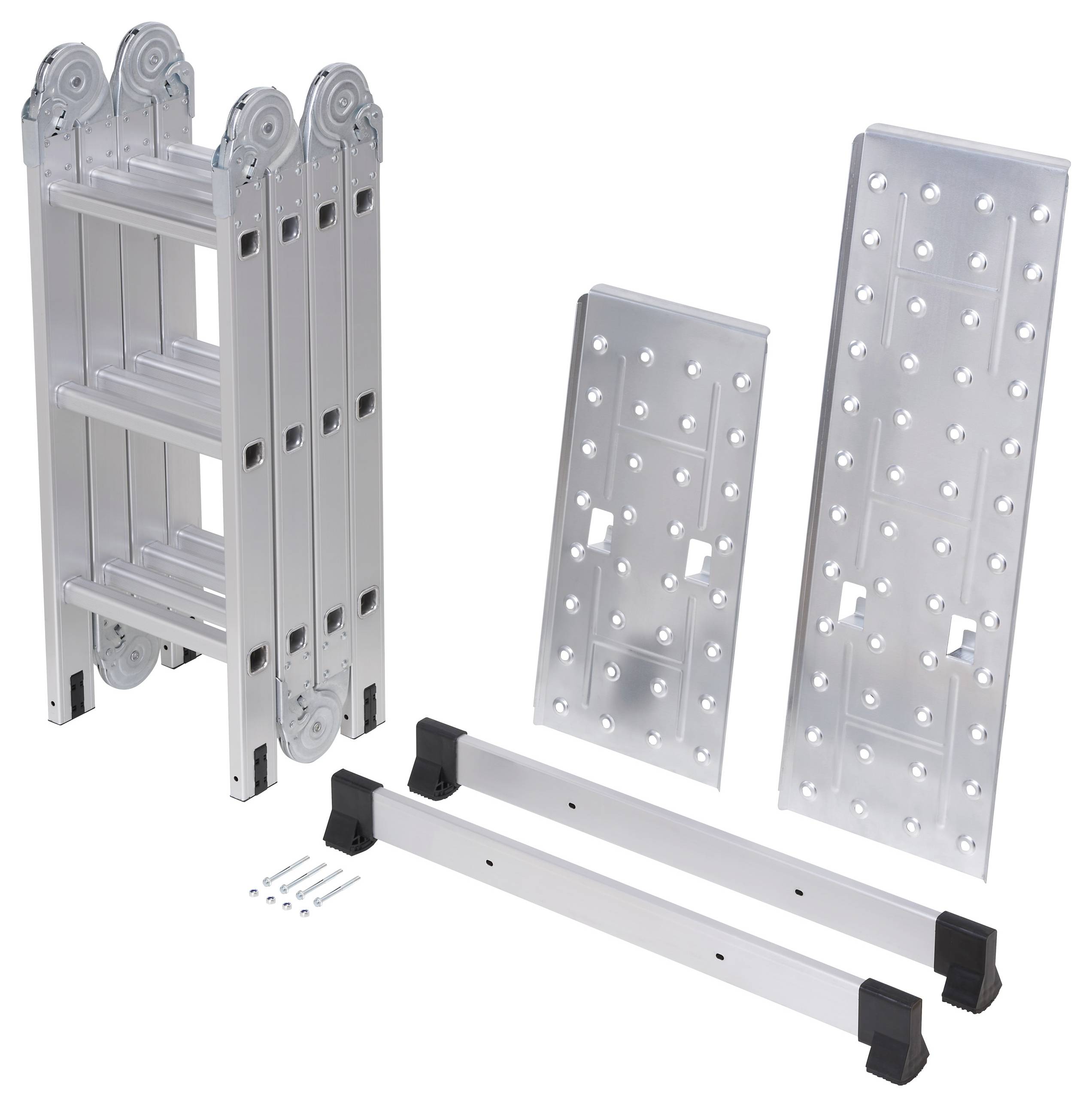Échelle multifonction en aluminium avec accessoires : deux plateformes, deux stabilisateurs et vis. Adaptée à différentes hauteurs et travaux.