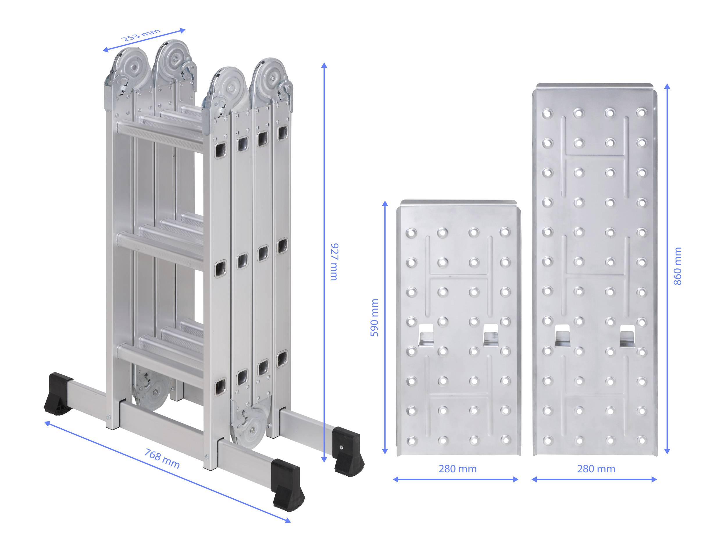 Un échafaudage pliant en aluminium avec des roues, à gauche dans son état monté, à droite les composants dépliés de l'échafaudage avec indication des dimensions.
