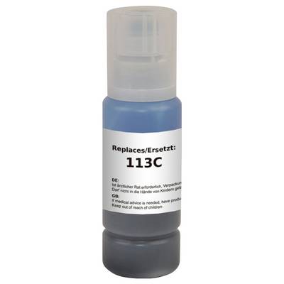 Une bouteille étiquetée « Remplace/Ersetzt : 113C » avec des instructions de sécurité en allemand et en anglais. La bouteille contient un liquide bleu.
