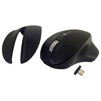 Souris ergonomique sans fil en noir avec partie latérale amovible et récepteur USB ; offrant confort et flexibilité lors de l'utilisation.