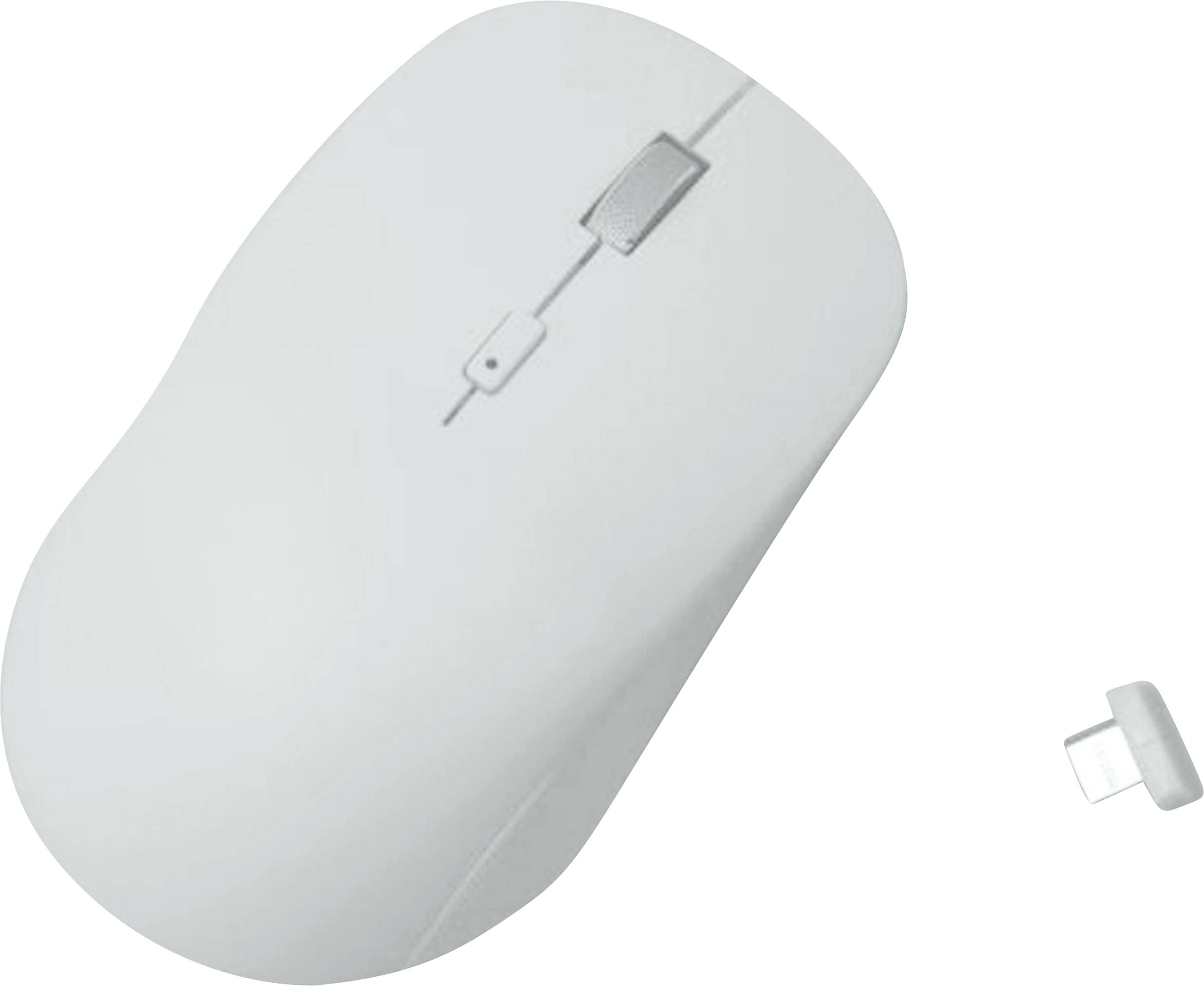 Souris d'ordinateur blanche sans fil avec son récepteur USB à côté.