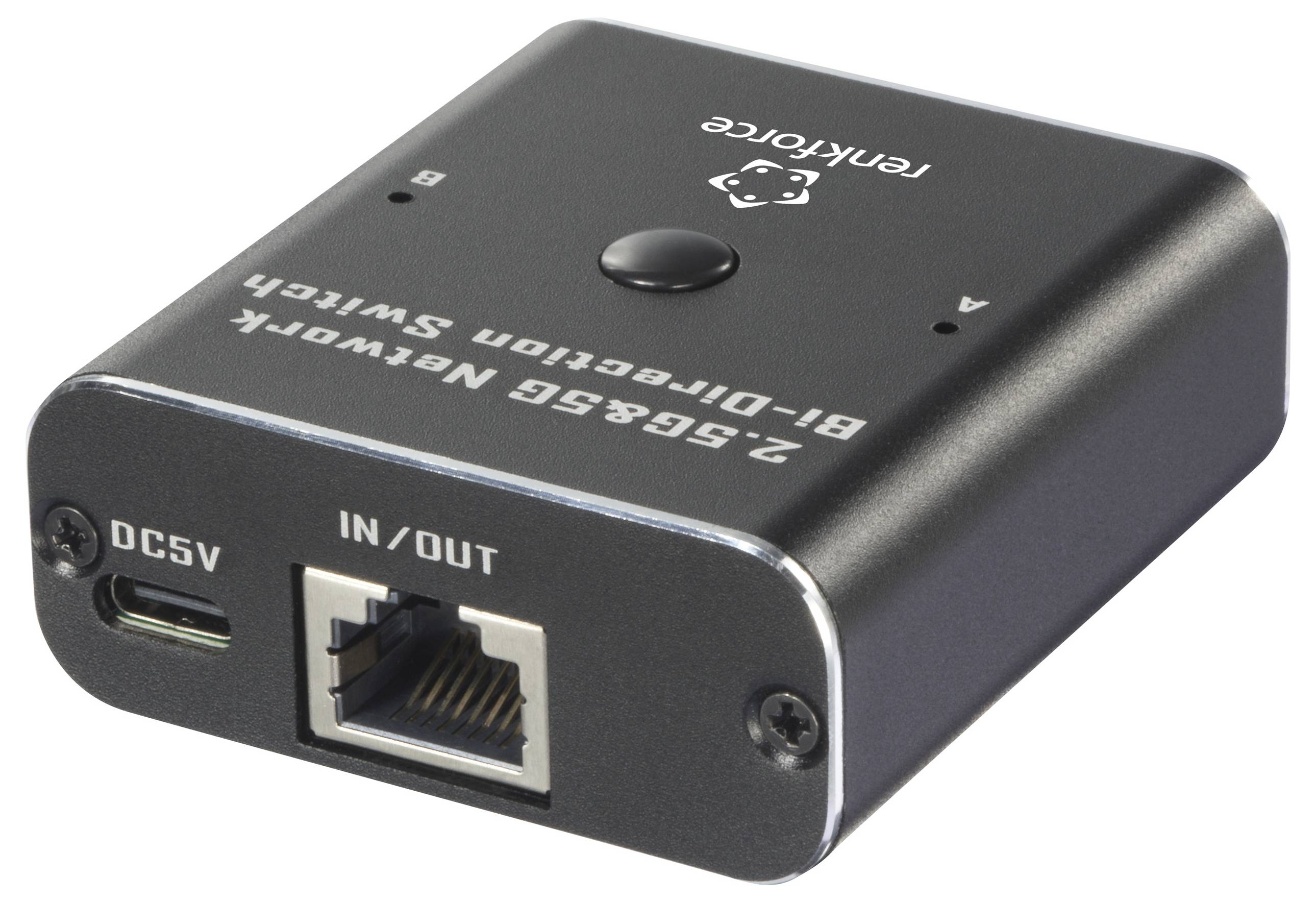 Un commutateur réseau noir avec port d'alimentation USB-C et port Ethernet, étiqueté « Commutateur bidirectionnel réseau 2,5G/5G ».