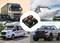 Camion, paquebot de croisière, camping-car et pick-up entourent un support de sécurisation automobile. Les moyens de transport et la technologie sont mis en valeur.