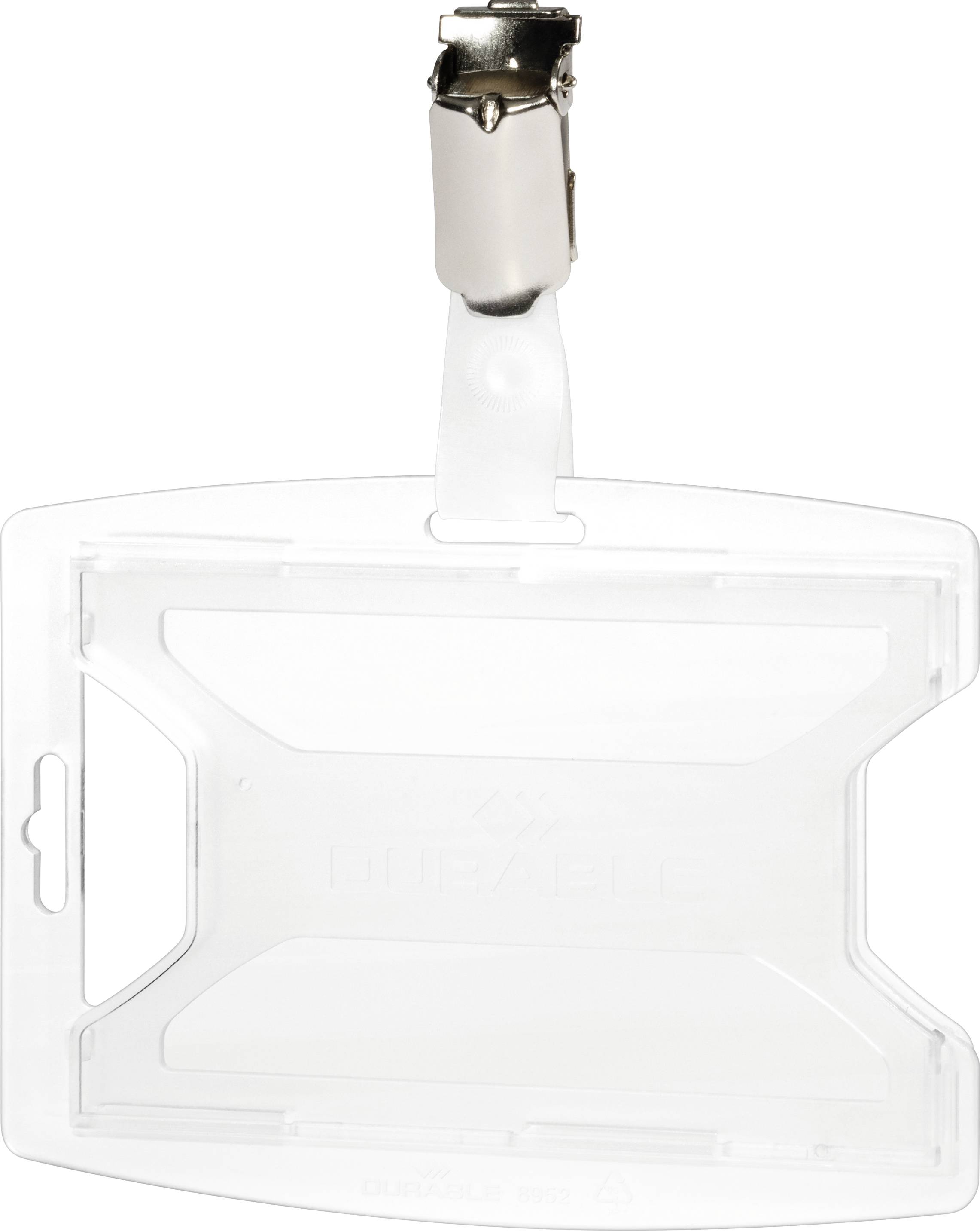 Un porte-badge transparent avec pince, adapté pour être fixé aux vêtements, offrant un port pratique et un accès rapide aux cartes d'identité.