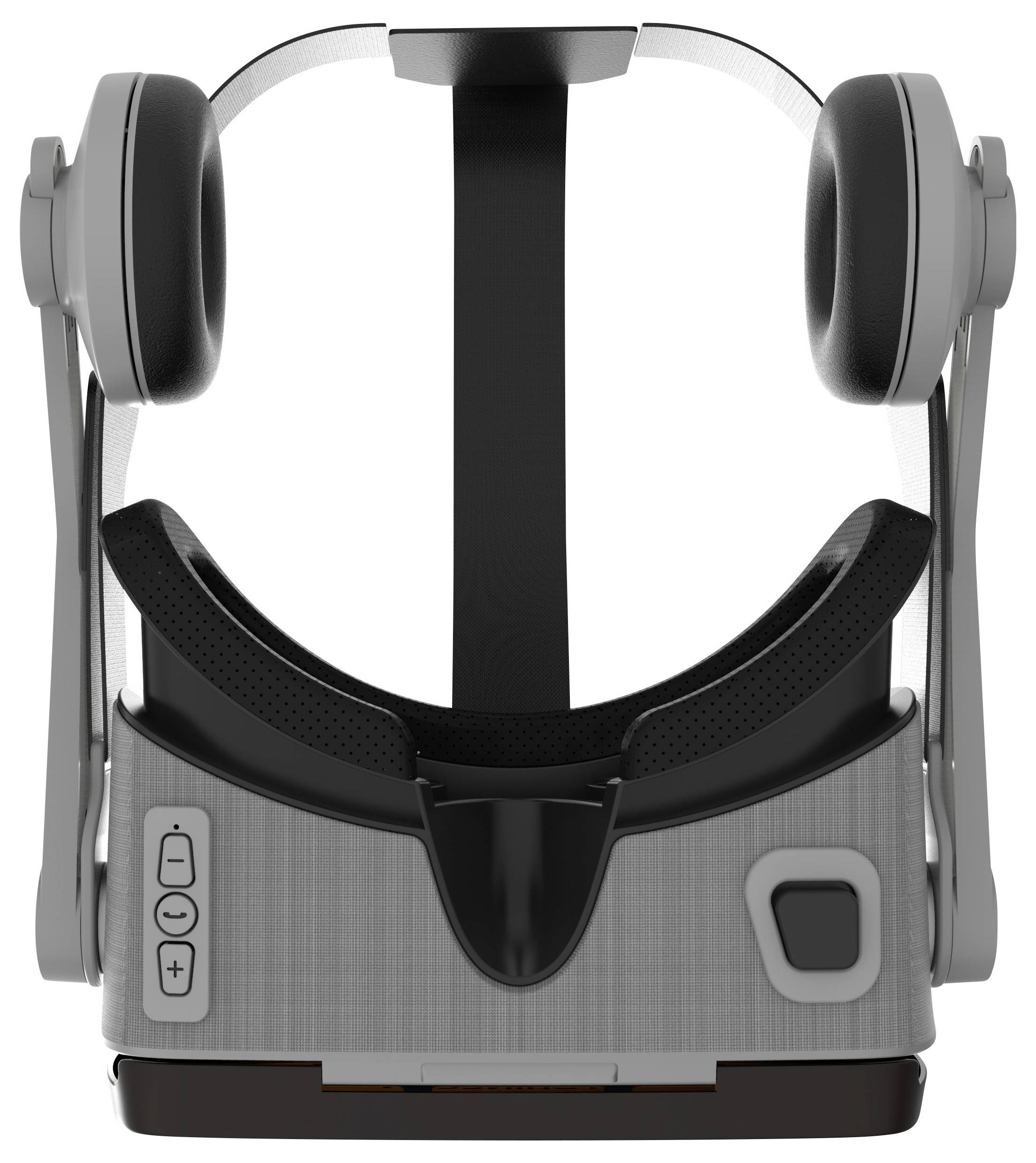 Un casque VR gris moderne vu de face, avec un bandeau frontal noir et des écouteurs ajustables placés sur les côtés.