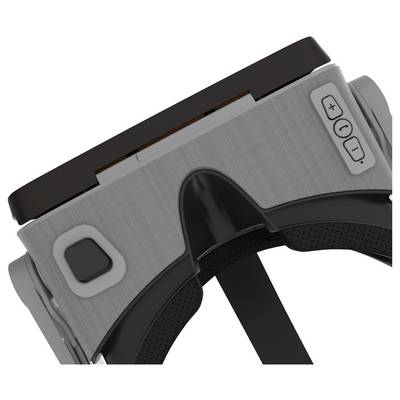 Casque de réalité virtuelle (VR), vue latérale. Montre les touches de contrôle du volume et des paramètres. Bandeau de tête visible.