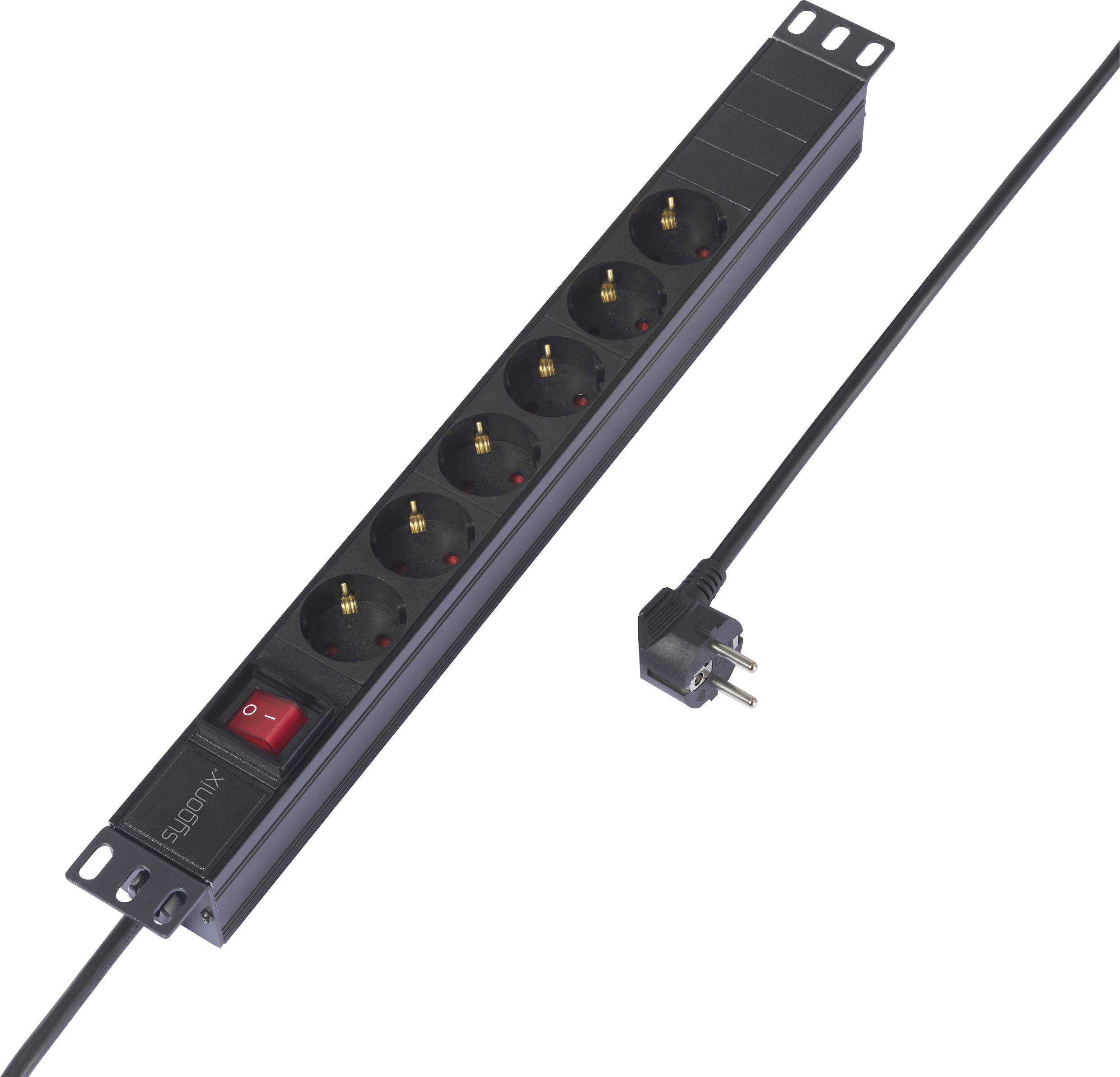Barrette multiprises noire à six emplacements, avec interrupteur marche/arrêt rouge, câble connecté et fiche noir.