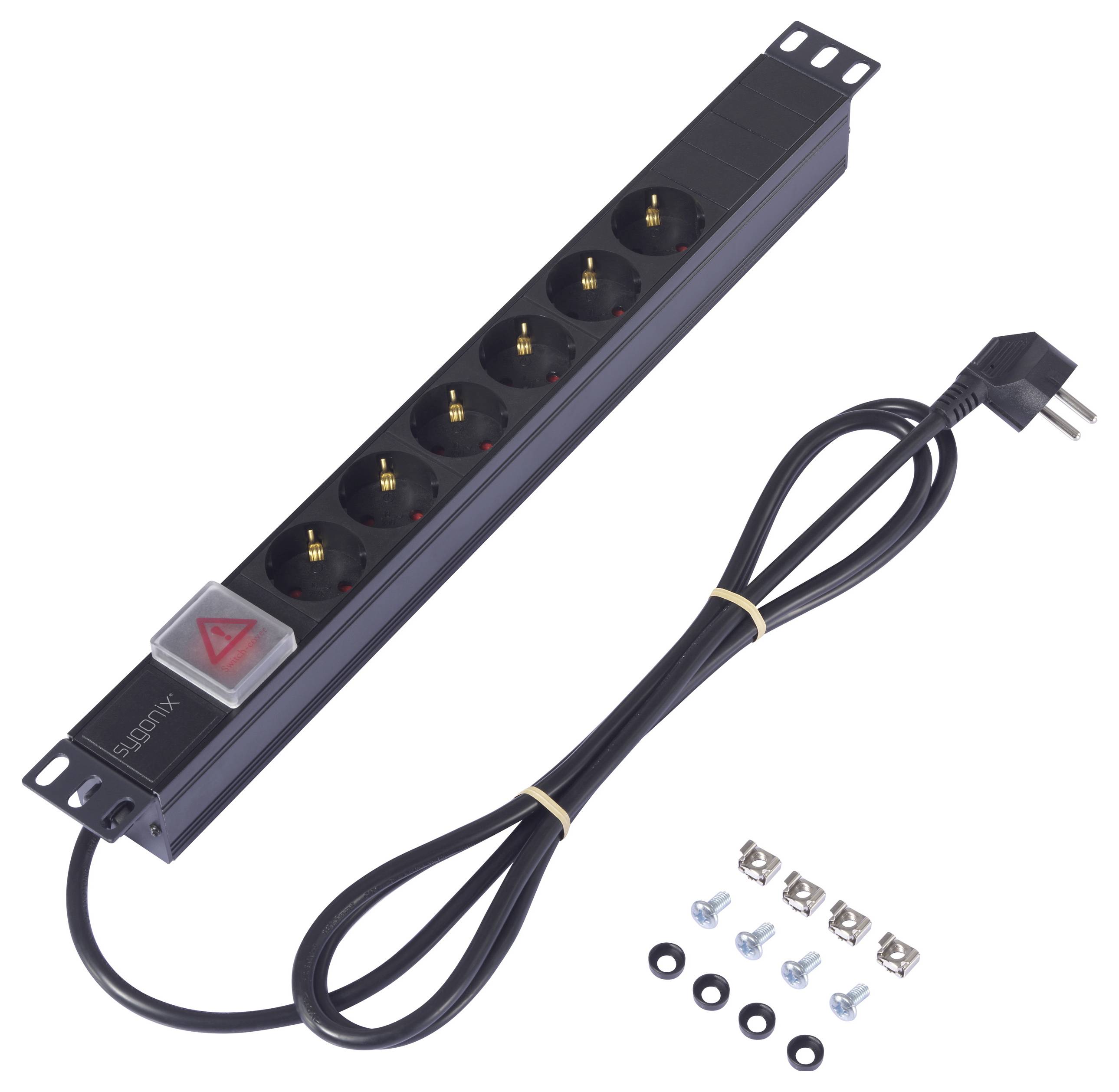 Bloc multiprise à six prises, boîtier noir et câble secteur. Comprend le matériel de montage tel que vis et écrous.